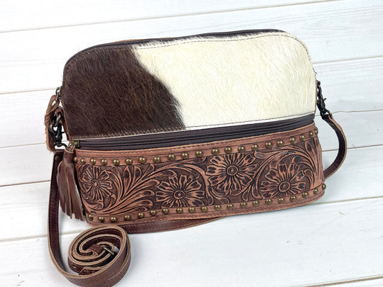 Brown Cowhide and Leather Floral Tooled Bottom Zipper Western Handbag