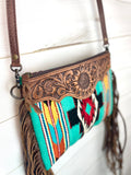 Bold Turquoise Native Pattern Tooled Fringe / Wool Medium Bag