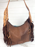 Blue Grey Diamond Wool Pattern Hobo Leather Fringe Handbag