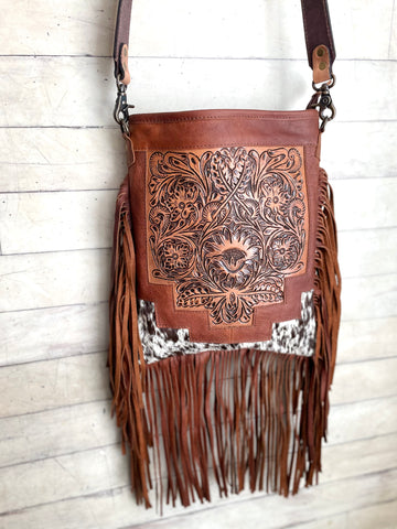 Country Hide & Tan Leather Floral Tooled Fringe Handbag – Cowgirl