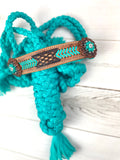 Arrow Stitch Leather Tooled Band Halter on Turquoise Nylon Muletape