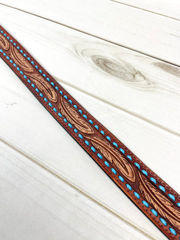 Brown Feather Tooled Leather Handbag Strap with Blue Buckstitch – Cowgirl  Barn & Tack