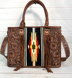 SALE! Black, Yellow, Red, Grey Aztec Pattern Wool Large Tote with Dark Leather Floral Tooling