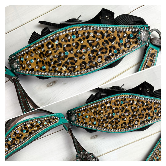 Cheetah/ Leopard Rhinestone Studded Teal Bronc Halter