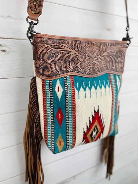 Valley Red & Turquoise Diamond Wool Leather Tooled Fringe Handbag