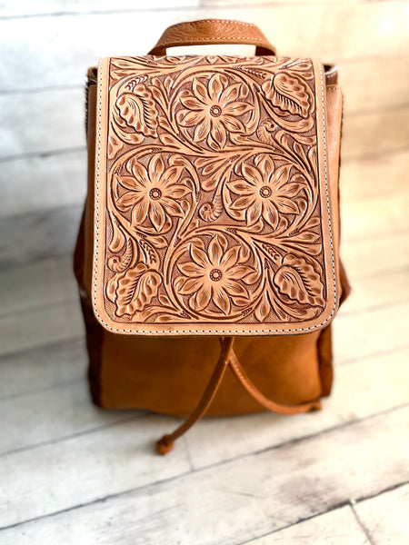 Tooled Distressed Leather Large Backpack with Hide on sides