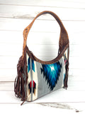 Blue Grey Diamond Wool Pattern Hobo Leather Fringe Handbag