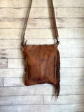 La Paz Brown Hide Tan Leather Tooled Concho Side Fringe Bag