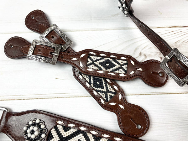 Black & White Woven Inset - White Buckstitch Spur Straps