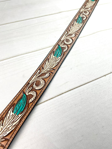 Brown Feather Tooled Leather Handbag Strap with Blue Buckstitch – Cowgirl  Barn & Tack