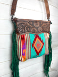 Bright Turquoise Wool Leather Tooled Green Fringe Handbag