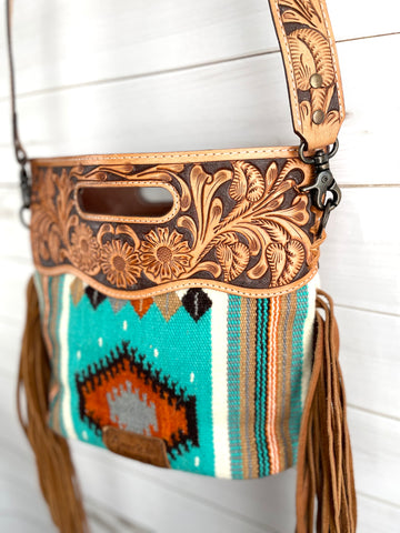 Boho Western Fringe Purse in Native Wool and Leather - Handmade by